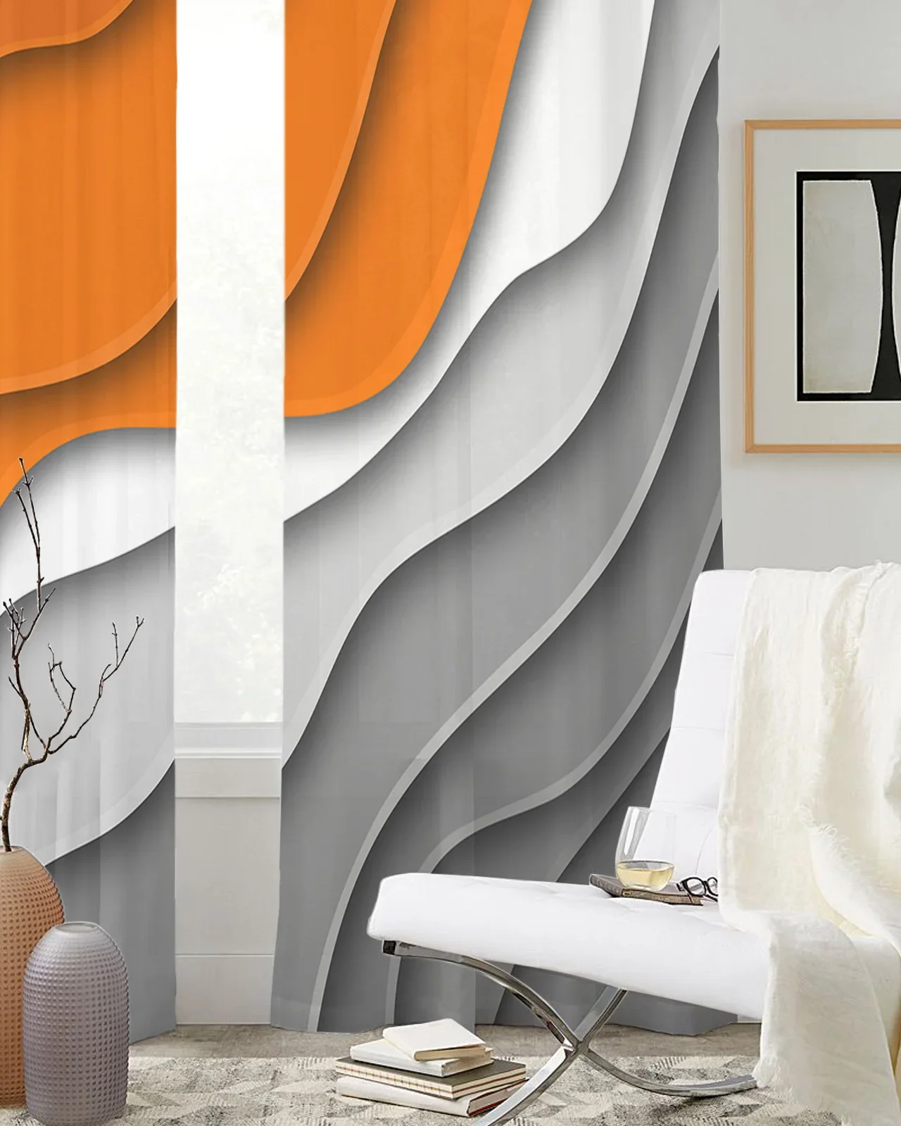 Роскошные тюлевые шторы с абстрактным градиентом оранжевого и серого цвета для