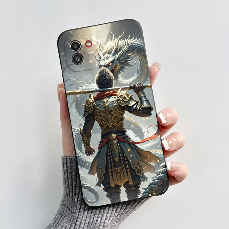 Мягкий силиконовый чехол для Samsung Galaxy A03 матовый черный с рисунком мифа