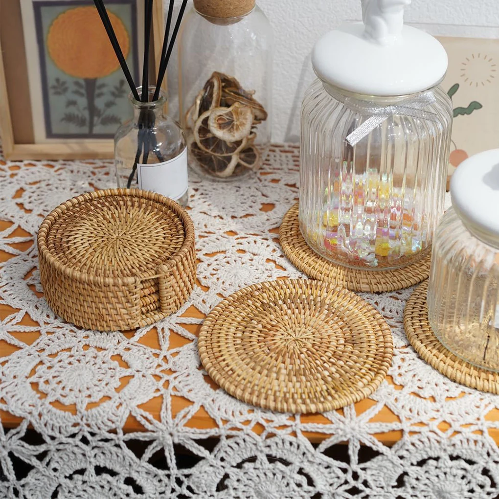 

6Pcs/ Drink Coasters Set For Kungfu Tea Accessories Round Tableware Placemat Dish Mat Rattan Weave Cup Mat Pad Diameter 8cm