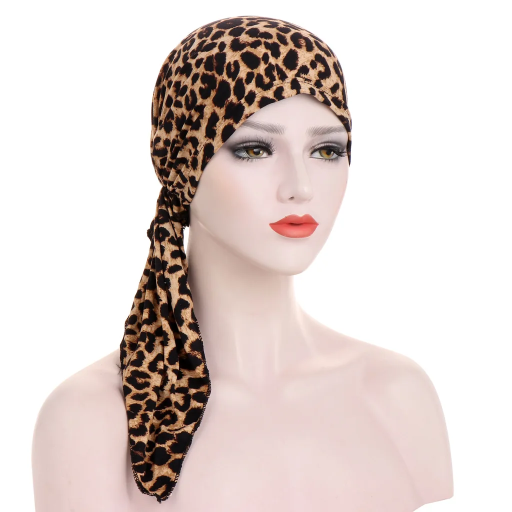 Patterened Hijabs for Women with Tail Muslim Woman Turban Hijab Bonnets Ramadan Islamic Female Cap Headwrap Breathable