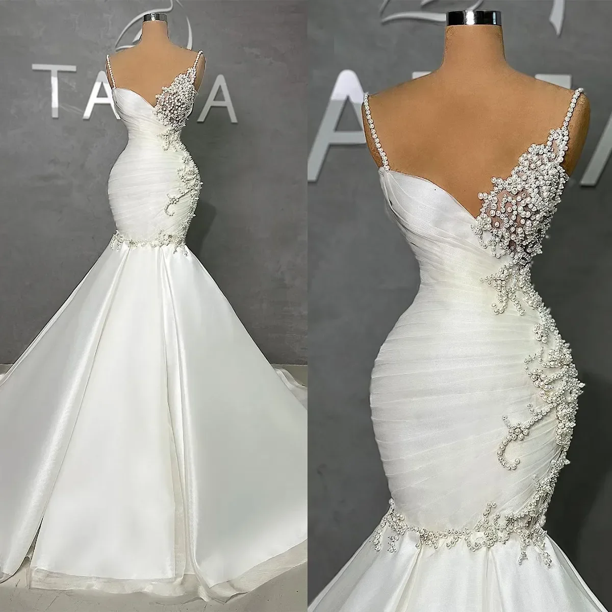 

Spaghetti Strap Mermaid Satin Wedding Dresses Robes De Mariée Sweep Train Handwork Pearls Beads Sweetheart Bridal Gowns 2023