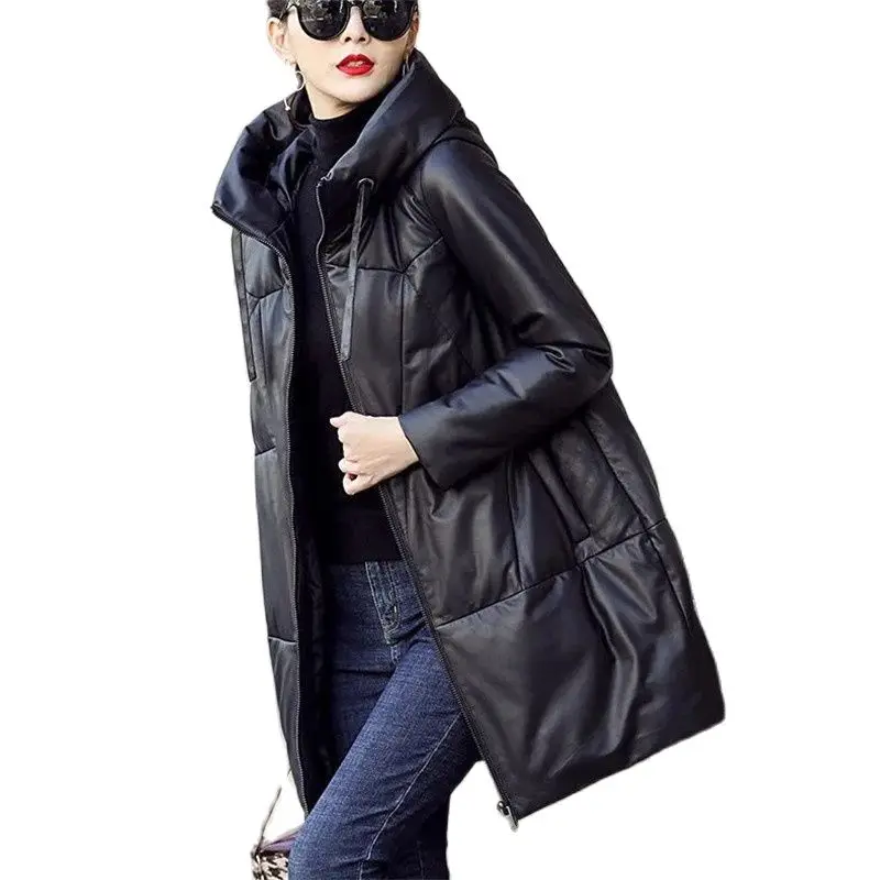 Black Cotton PU leather Jacket Women's 2023 Winter New Loose Hooded Coat Thicken Snow Parkas Warm Female Long Leather Overcoat