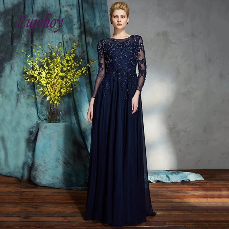 

Темно-синие кружевные платья с длинным рукавом для матери невесты женское свадебное платье трапециевидной формы