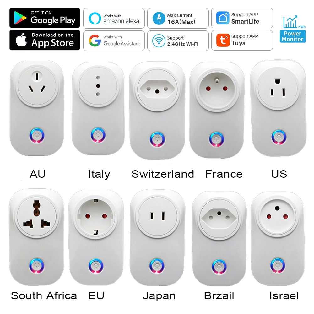 

Smart Wifi Plug Socket Outlet EU UK AU Brazil FR Israel IT 16A APP Remote Control Work For Alexa Google Assistant Energy Monitor