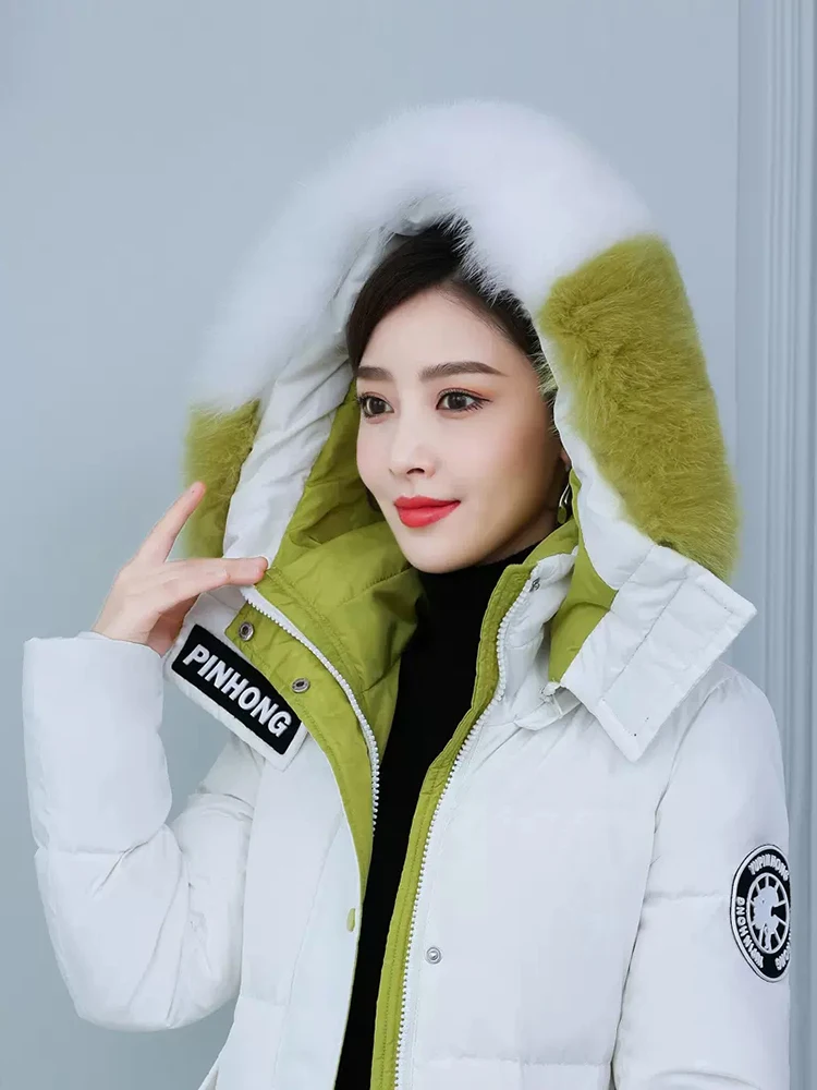 New Women Winter Long Thicken Warm Down Coat Casual Fashion Two-Colour Detachable Real Fox Fur Collar Belt Slim Down Jacket