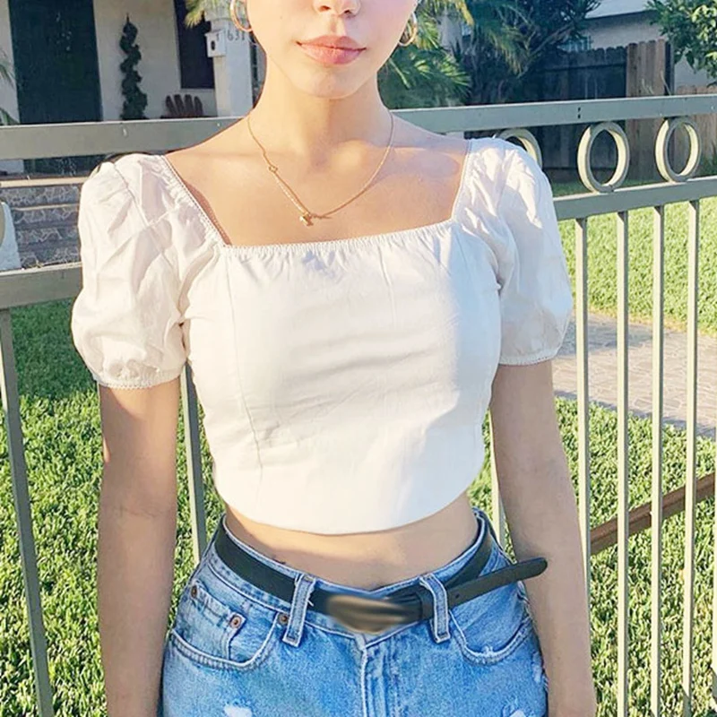 

Модный женский пикантный однотонный укороченный топ с квадратным вырезом и коротким пышным рукавом, бюстье с запахом и открытой спиной, лет...