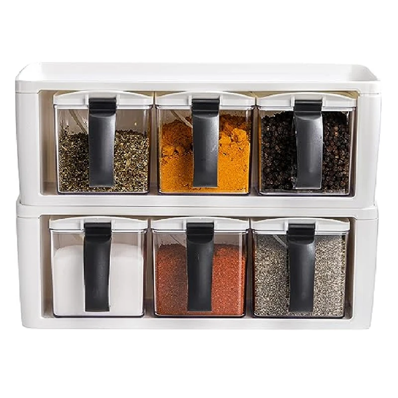

Spice Rack 3 Grids With Handle,Cover & Spoon,Clear Kitchen Salt Pepper Sugar Canisters Combo Set Stackable Cruet