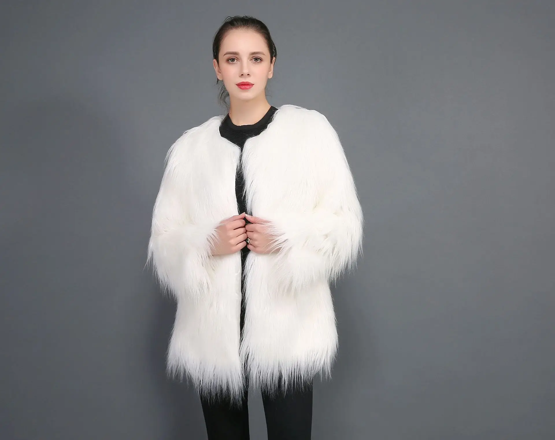 Women's Leather Fur Coat Long Wool Faux Fur Coat Washed Wool Long Jacket Faux Fur Coat