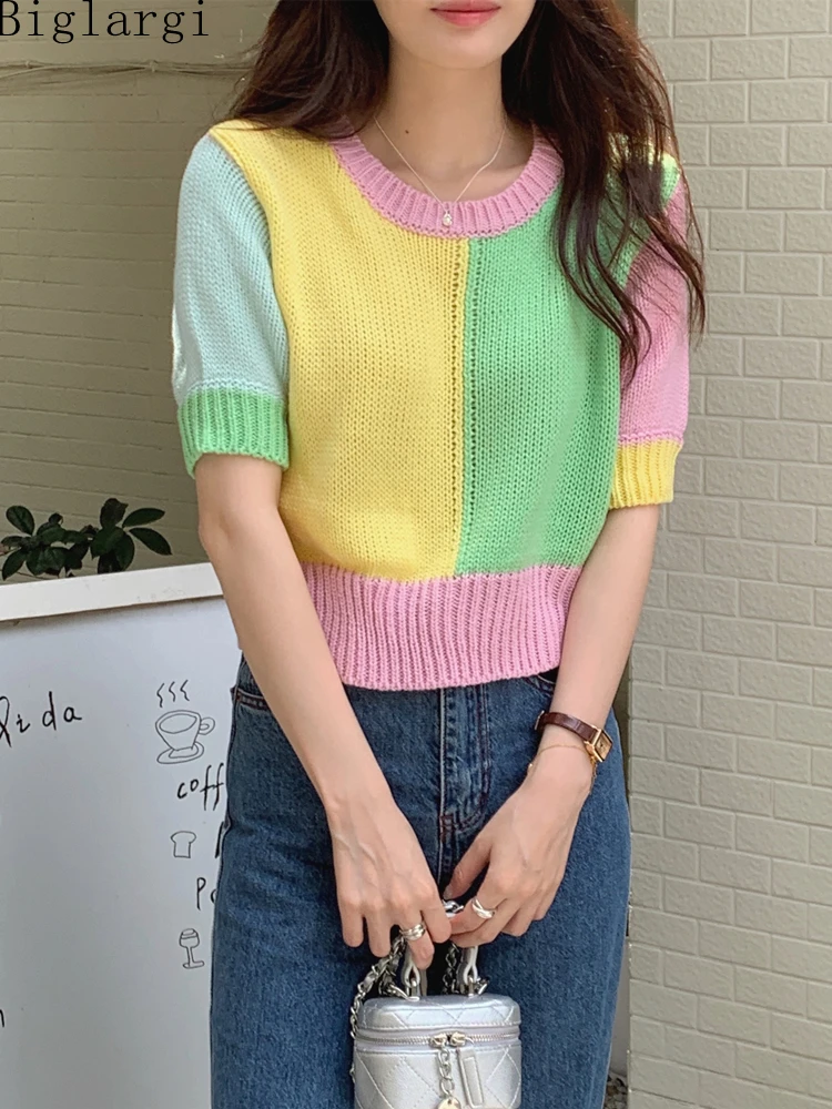 

Fashion Patchwork Hollowing Out Knitting Puff Sleeve Blouse Summer Women Casual Korea Ladies Office Blouses 2022 New Woman Tops