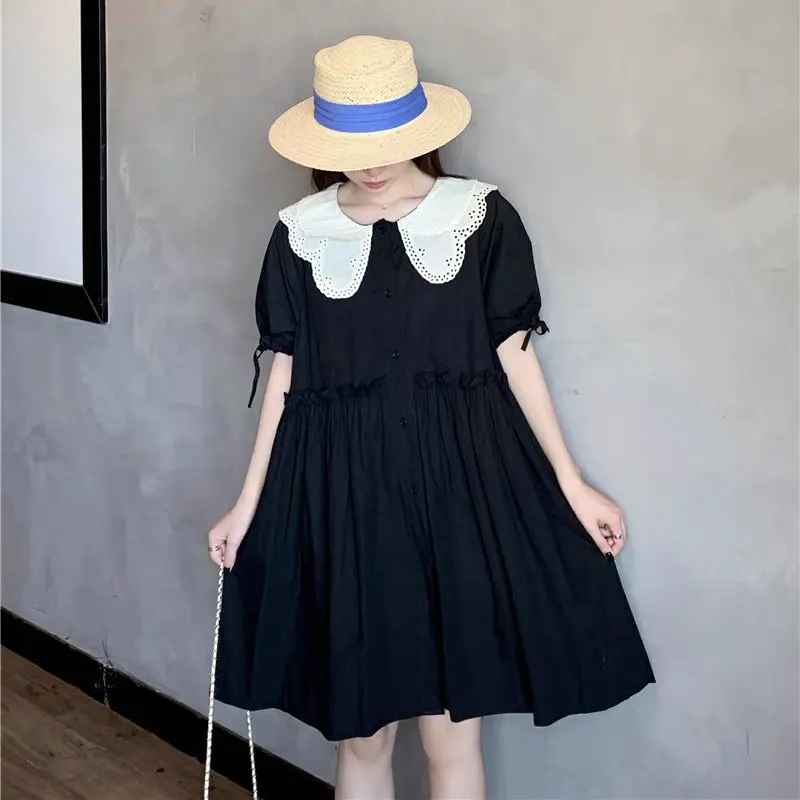 

Women's Summer Black Loose Shirt Dress with White Double Layer Collar and Puff Sleeves Single Breasted One Piece Shirtdress 2023