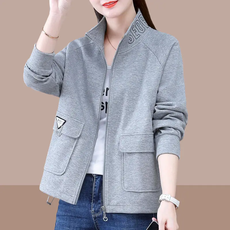 

Casual Grey Stand-Up Collar Jackets Women Basic Letter Embroidery Cardigan New Korean Style Zipper Outerwear Spring Jacket E215