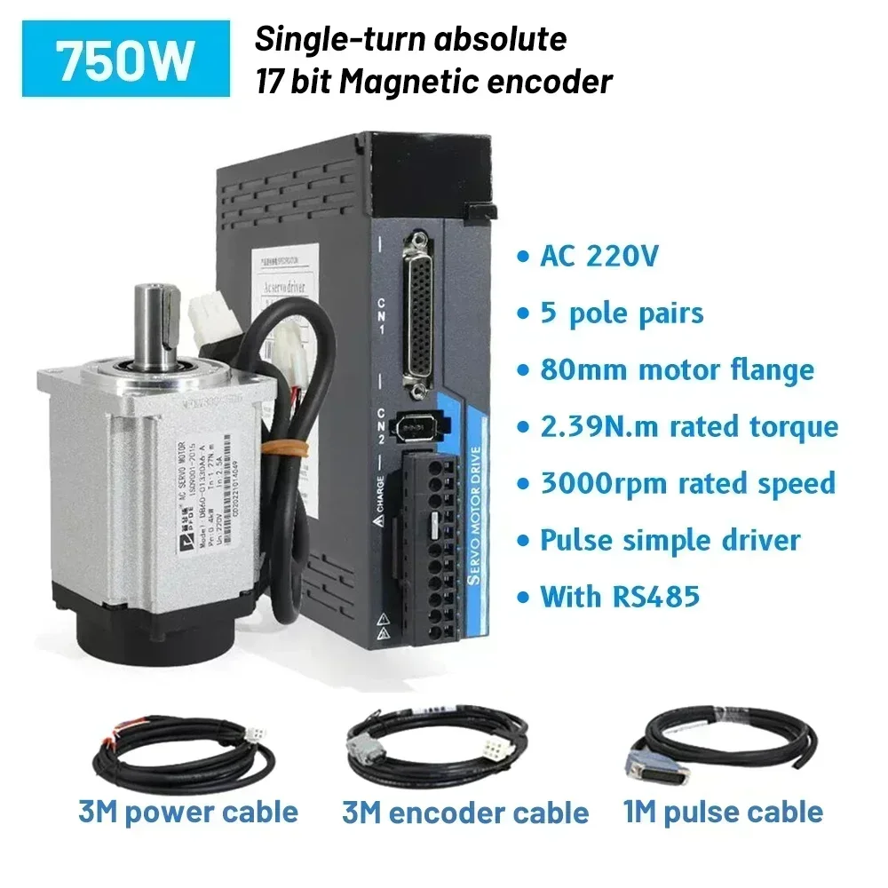 

200 Вт/400 Вт/600 Вт/750 Вт/1 кВт AC220V комплект драйверов серводвигателя магнитный 17-битный абсолютный энкодер 60/80 мм серводвигатель RS485 0,64-3,18 Нм