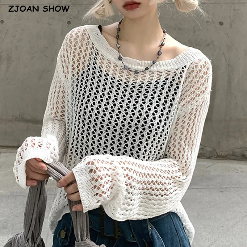 

Beach Sexy See Through Hollow out Hole Pullover Sweater Women Full Sleeve Loose Knitted Crochet Thin Sweater Jumper Holiday