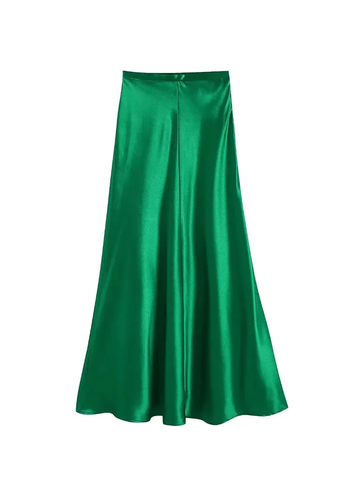 

Nlzgmsj ZBZA Women 2022 Green Satin Skirt Women High Waisted Summer Long Skirt Elegant Ladies Office Midi Skirts 202202