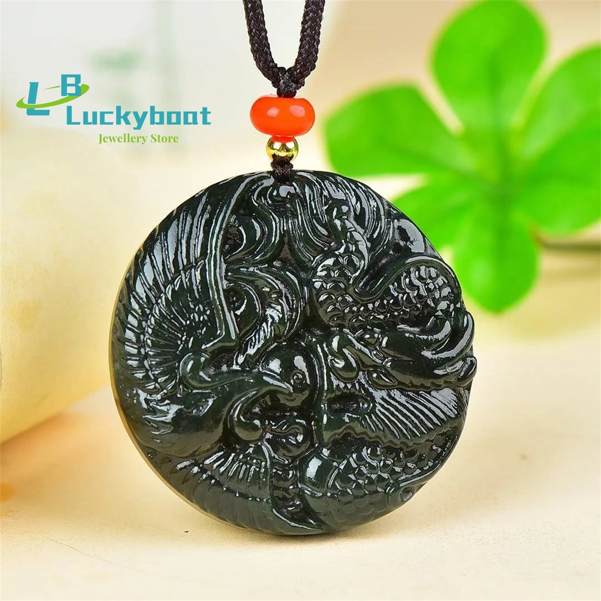 

Natural Hotan Jade Dragon Phoenix Auspicious Round Brand Pendant Simple Personality Exquisite Versatile for Men and Women