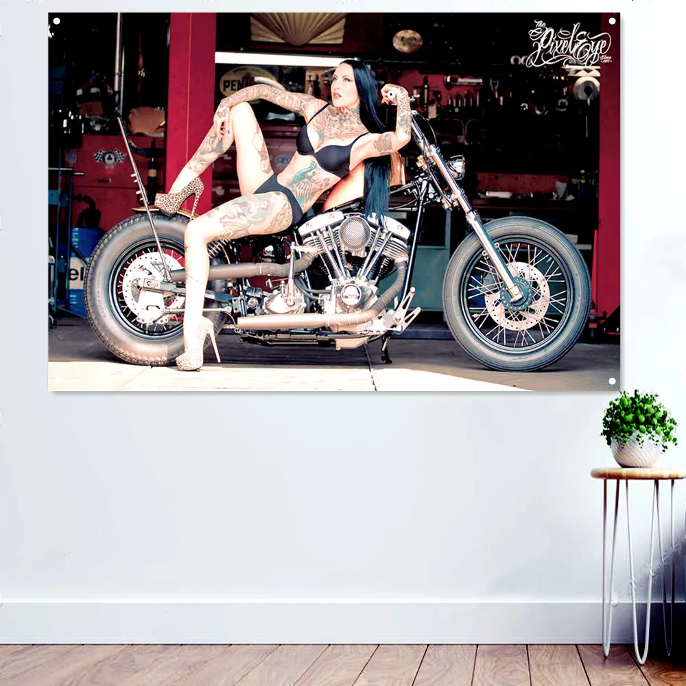 

Sexy Tattoo Girl Motorcycle Rider Wall Art Posters Prints Banner Flag Man Cave Garage Locomotive Repair Shop Wall Decor Painting