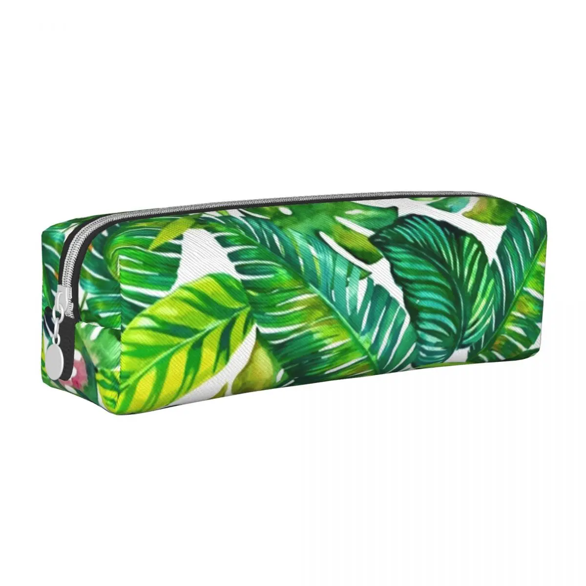 

Tropical Print Square Pencil Case Banana Leaves College Cool Leather Pencil Box Teenager Zipper Pen Bag