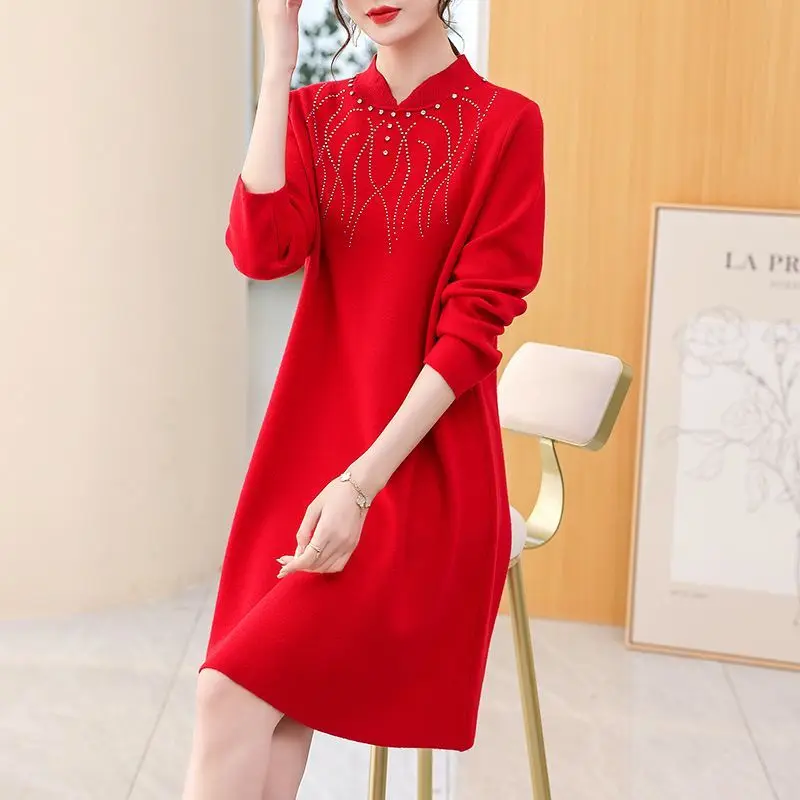 Women Oversize Warm Dress For Autumn Winter 2023 New Fashon Half High Collar Crystal Solid Slim Office Lady A-line Dresses