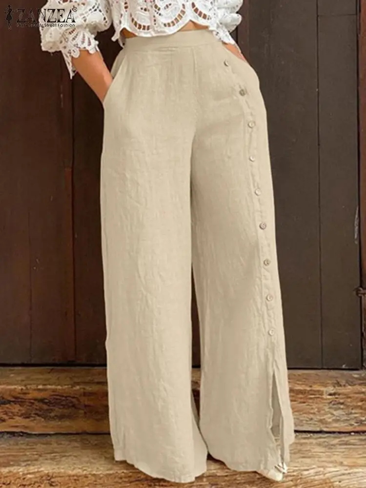 

Брюки ZANZEA женские с широкими штанинами, Модные свободные штаны с эластичным поясом, на пуговицах, повседневные однотонные длинные брюки в стиле палаццо, большие размеры, на весну