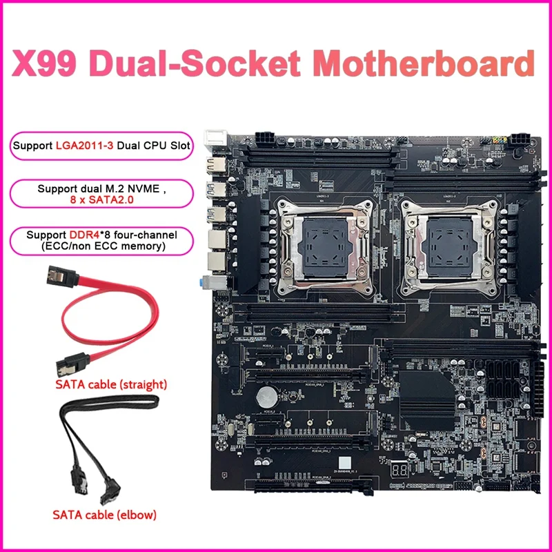 

HOT-X99 Dual-Socket Mining Motherboard With 2XSATA Cable LGA2011-3 Dual CPU DDR4 ECC RAM Slot 8XSATA2.0 E-ATX Motherboard