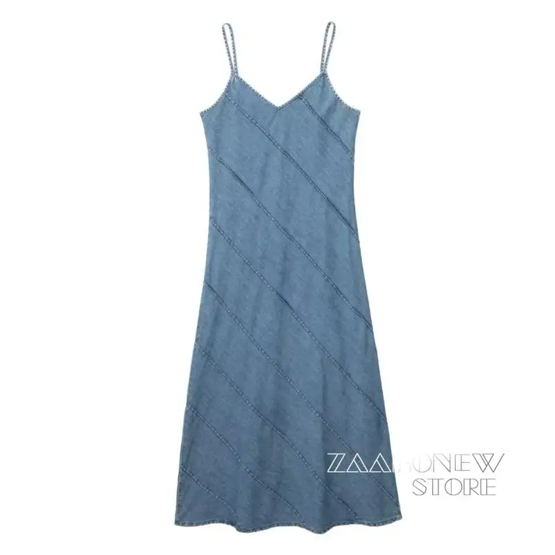 

ZAAHONEW 2023 весенне-летнее женское джинсовое платье на бретельках средней длины, модное элегантное женское платье-трапеция без рукавов с открытой спиной