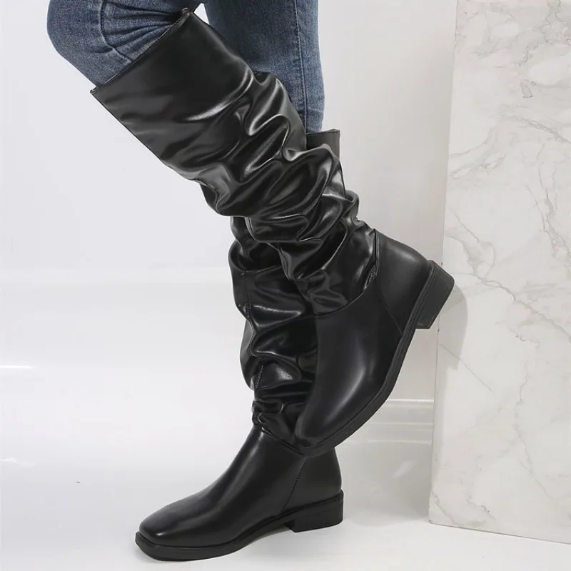 Женские высокие сапоги на плоской подошве с квадратным носком новые