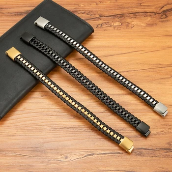 Black Leather Men Bracelets Punk Style 2