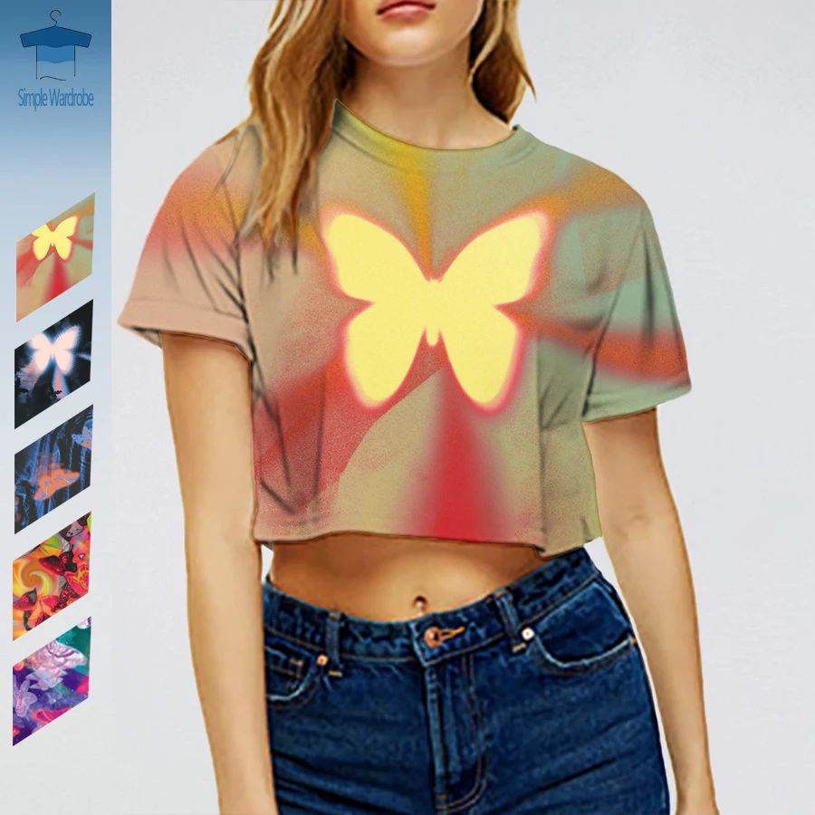 

Retro Half-tone Acid Gradient Offset Round Neck Short T Shirts For Women Butterfly Y2K Crop Top Vintage Summer 3D Printed Tee