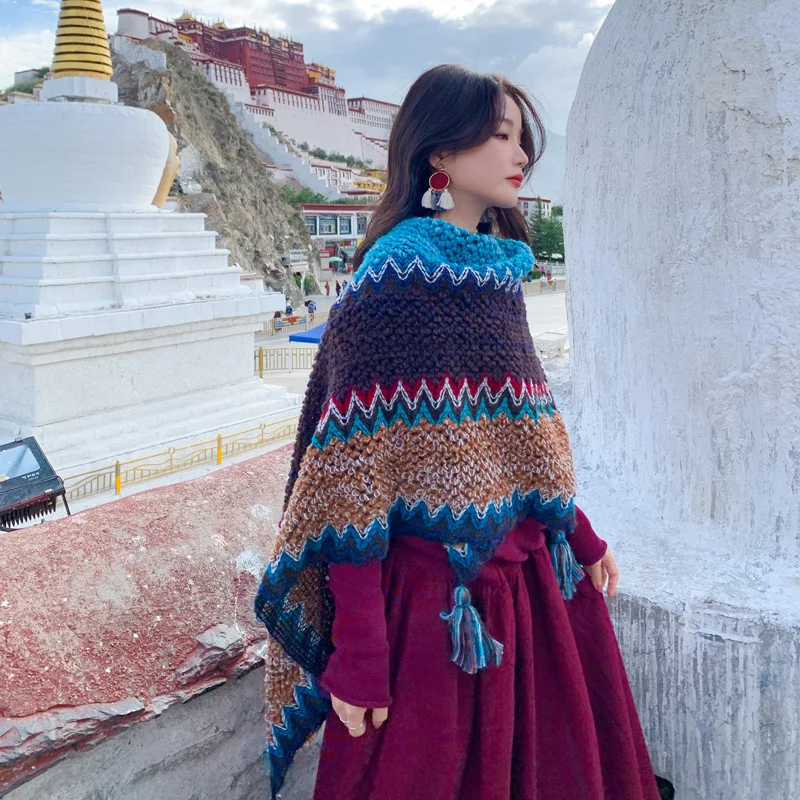 

Зимний модный новый женский шарф шаль для путешествий на открытом воздухе одежда в этническом стиле жаккардовая кисточка процесс подготовки утолщенная накидка