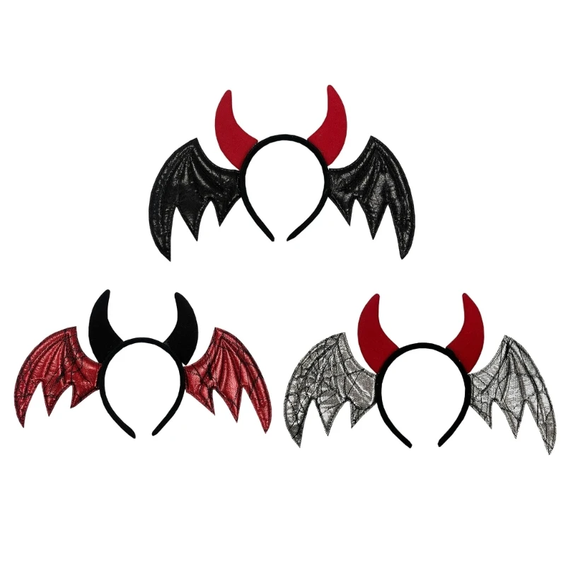 

Y1UB Bat Wing&Devil Horn Shape Hair Hoop Photoshoots Hair Holder Halloween Cosplay Party Costume Headwear for Children Women