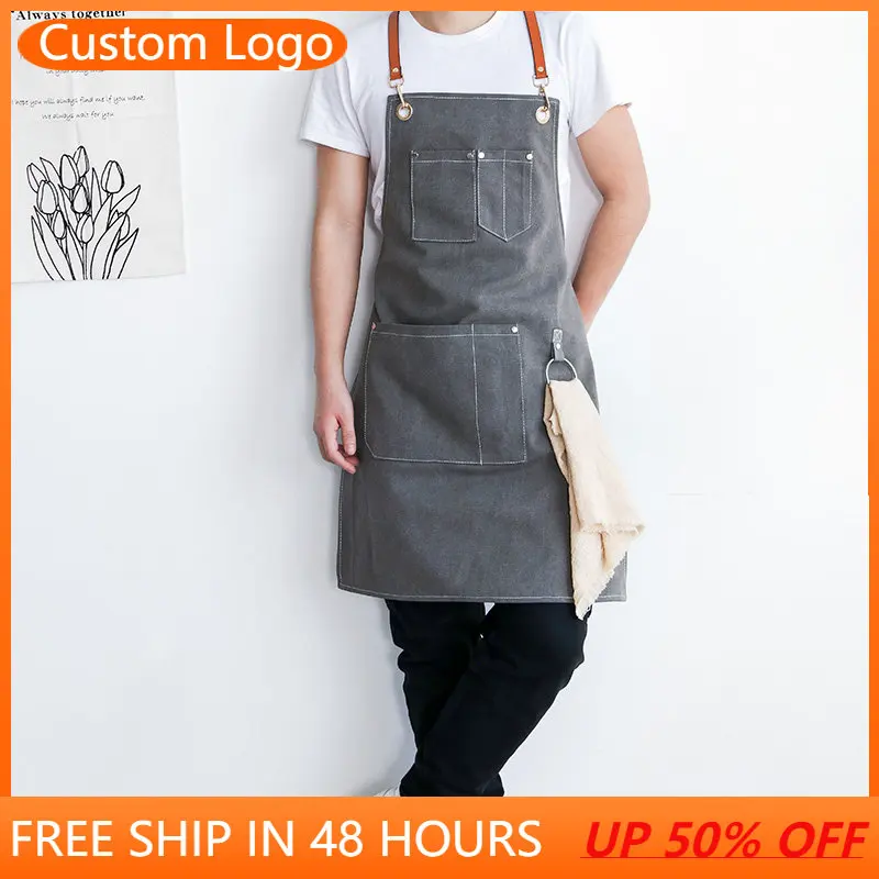 

European Restaurant Barber Floral Artist Kitchen Men and Women Durable Overalls Coffee Shop Custom Logo Nail Chef Pockets Apron