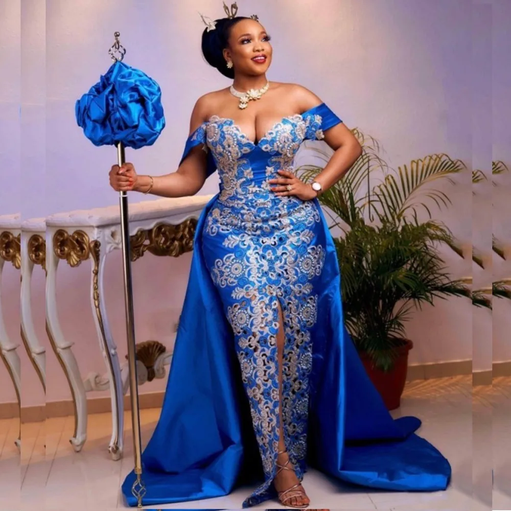 

Aso Ebi Mermaid Evening Dresses Blue Off Shoulder Overskirt Prom Dress Plus Size Women Formal Gowns Front Split robe de soirée