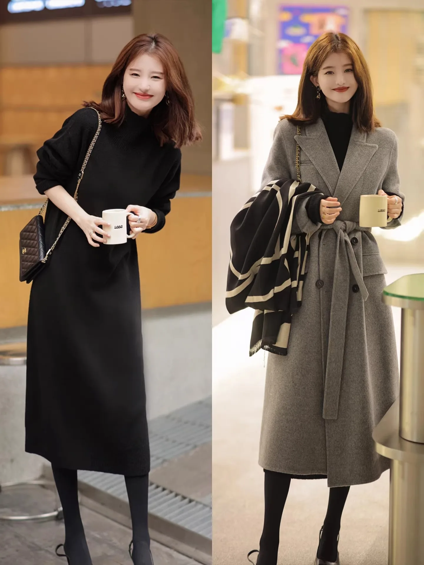 Ozhouzhan Gentle Sle черное трикотажное нижнее платье женское осенне-зимнее пальто