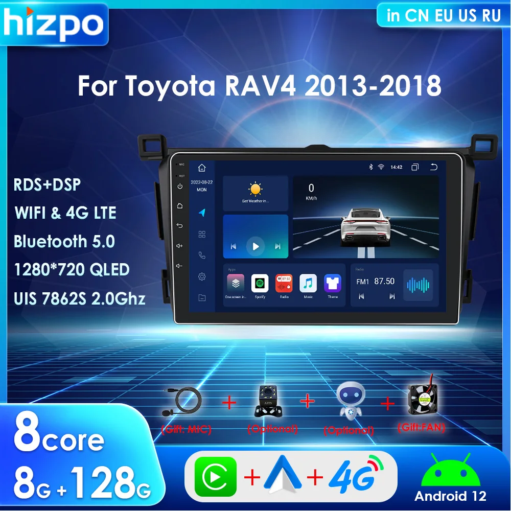 

Hizpo 2 Din Carplay Android 12 UIS7862S For Toyota RAV4 2013-2018 Car Radio Multimedia Player 4G GPS Navi Stereo SWC BT DSP RDS