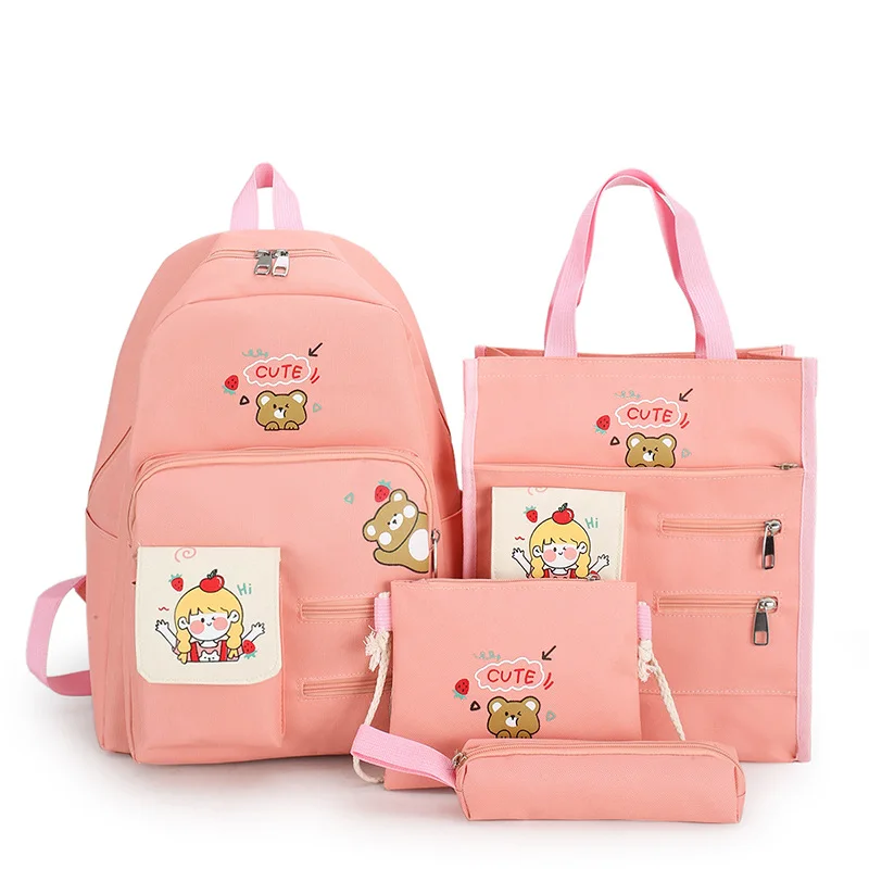 4 Pcs Set Harajuku Women Laptop Backpack Canvas School Bags For Teenage Girls Kawaii College Student Kids Book Bag Rucksack 2022
