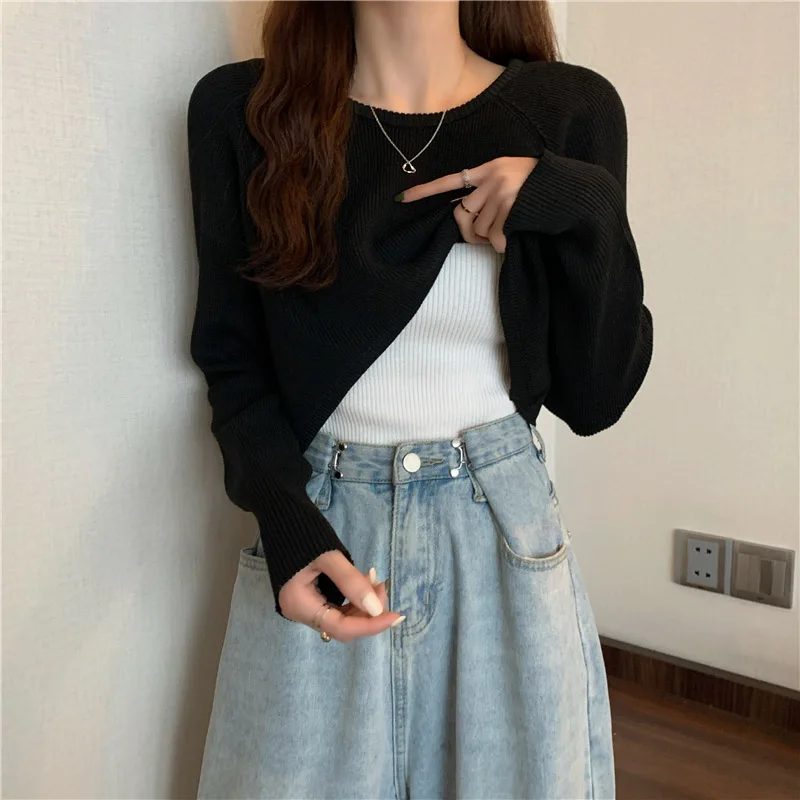 Женский Однотонный свитер с круглым вырезом Свободный пуловер укороченный топ