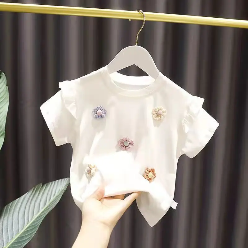 

Girls' Summer T-shirt 2022 New Baby Foreign Fashion Lace Short-sleeved Little Girl Fresh And Comfortable