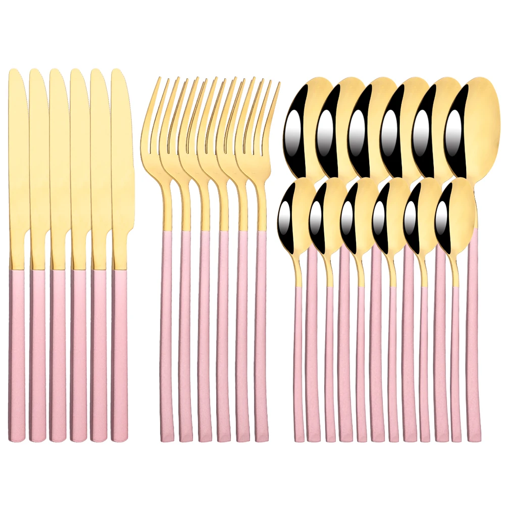 

Pink Gold 24Pcs/6Set Stainless Steel Cutlery Set Dinnerware Silverware Flatware Set Dinner Knife Fork Spoon Dishwasher Safe