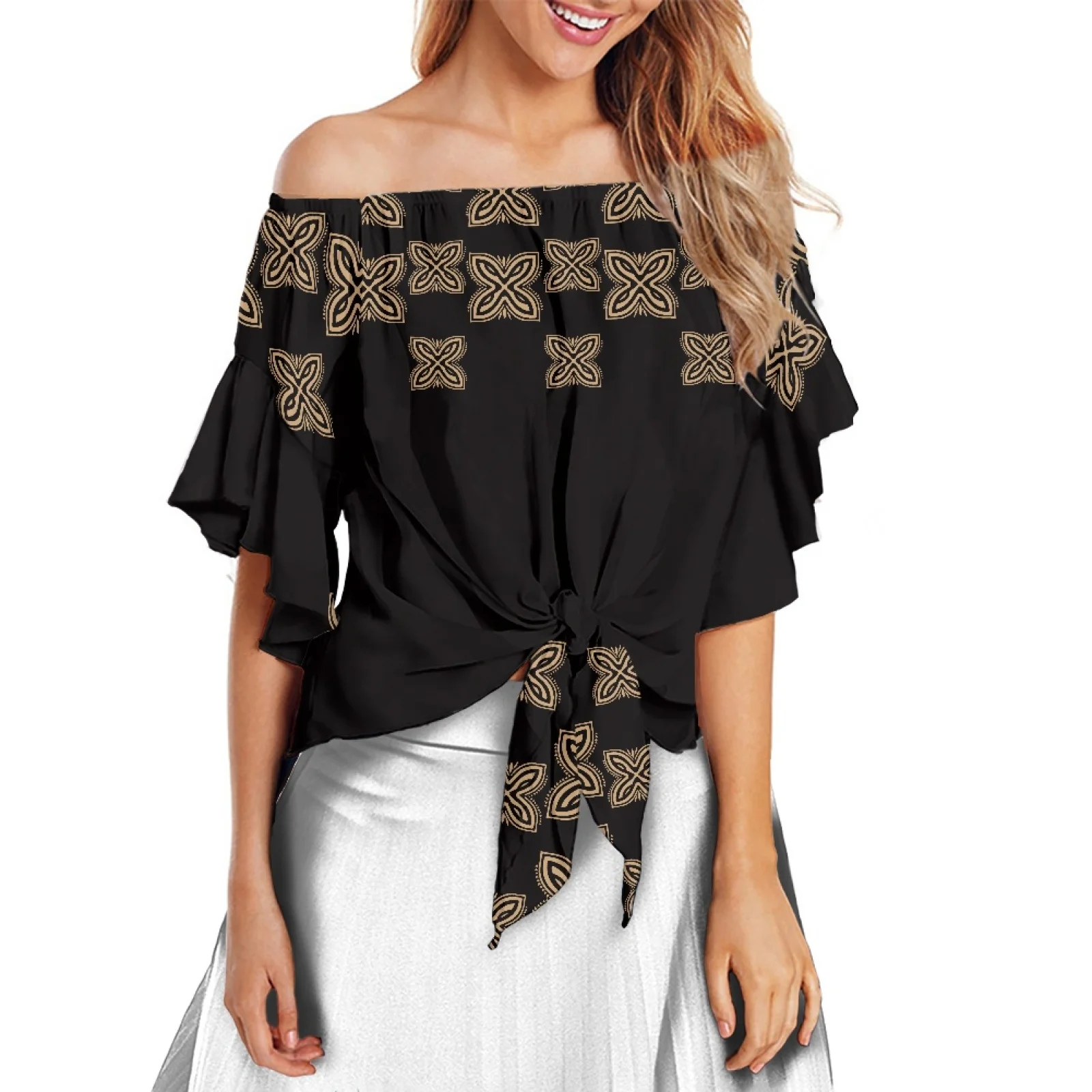 

Женская рубашка из 100% полиэстера, с открытыми плечами и рукавами-фонариками