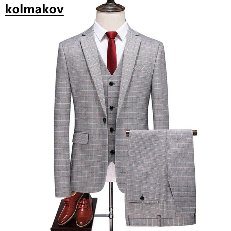 

2022 Spring and Autumn New Men's Classic Fashion Plaid Three-Piece Suit Men's Business Leisure Slim High Quality Large Size Suit