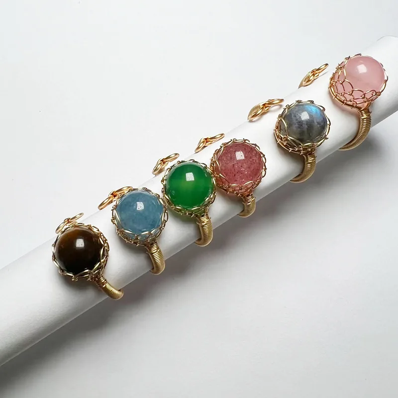 

Natural Stone Metal Wire Winding Ring 2023 Retro Personality Women Crystal Quartz Handmade Open Adjustable Finger Ring Wholesale
