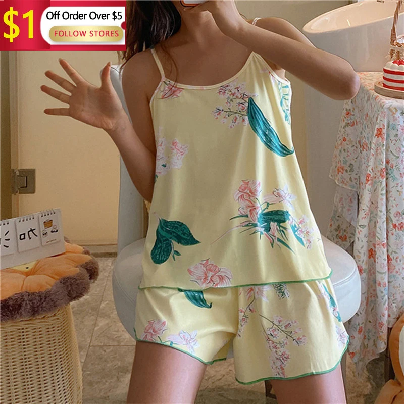 

Sleeveless Pajamas Women'S V-Neck Sling Pajamas 2-Piece Set Sweet Cute Home Wear Casual Shorts Daily Suit 2023