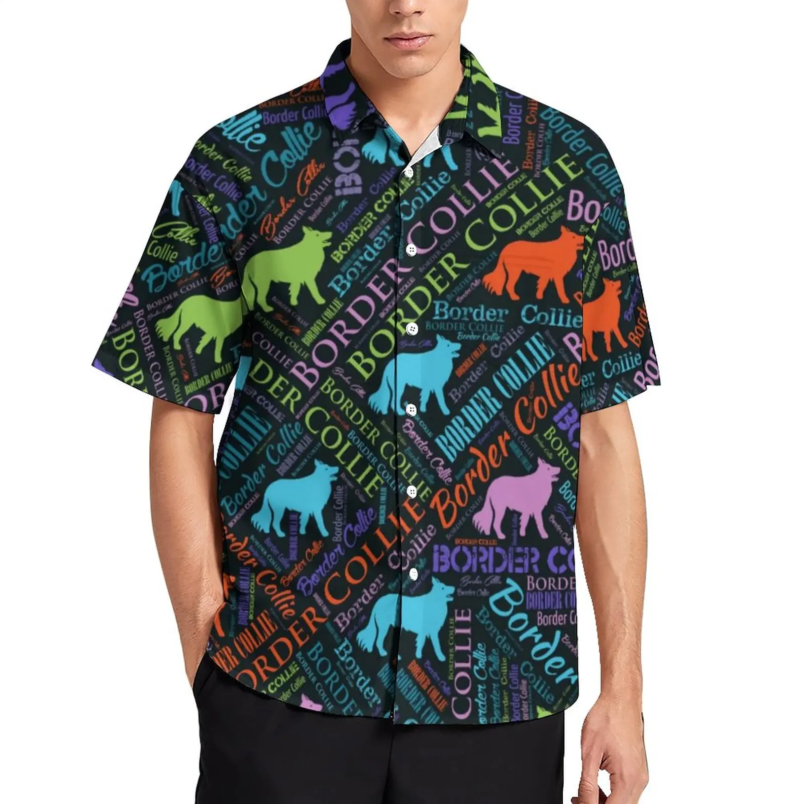 

Word Art Loose Shirt Man Vacation Border Collie Dog Casual Shirts Hawaiian Pattern Short-Sleeve Retro Oversized Blouses