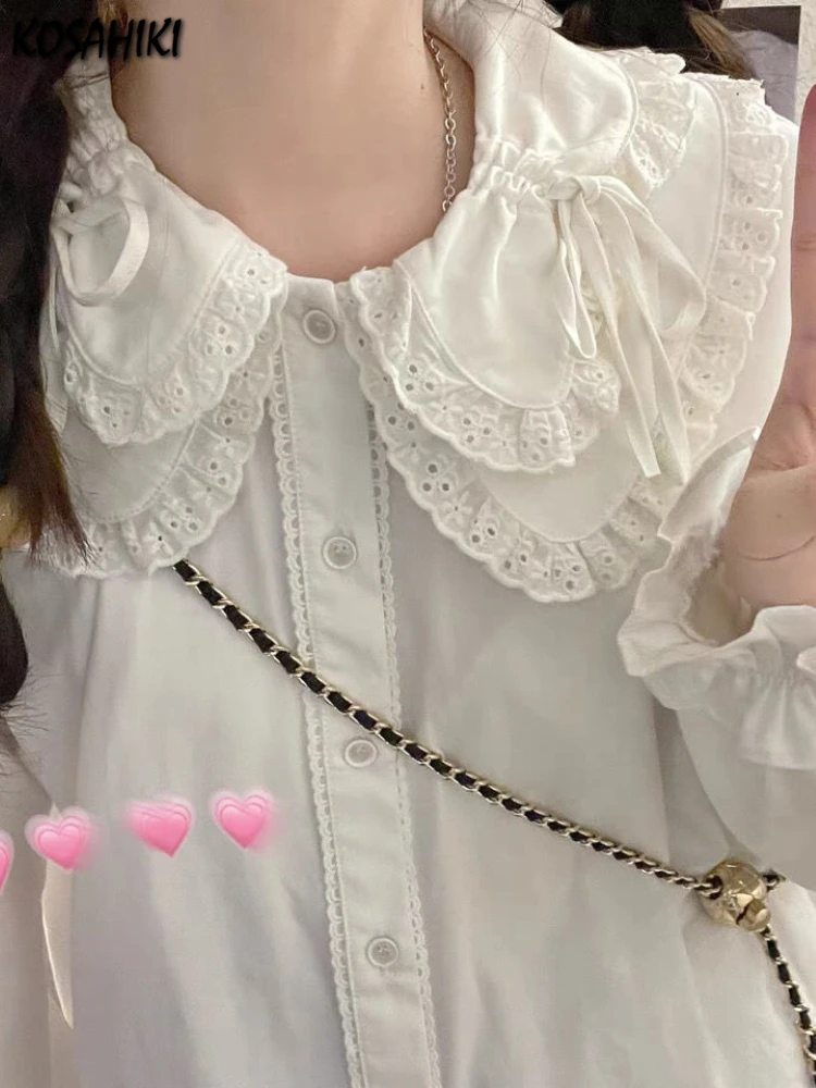 Белая женская блузка в стиле преппи с воротником Питер Пэн