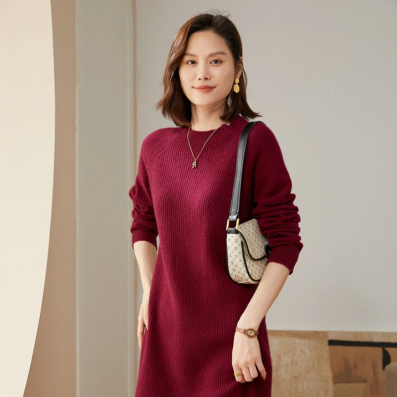 Autumn and Winter New Women's Half High Collar Cashmere Knitted Dress Medium Long Slim Wool Dress, Knee Length Long Sleeve Skirt