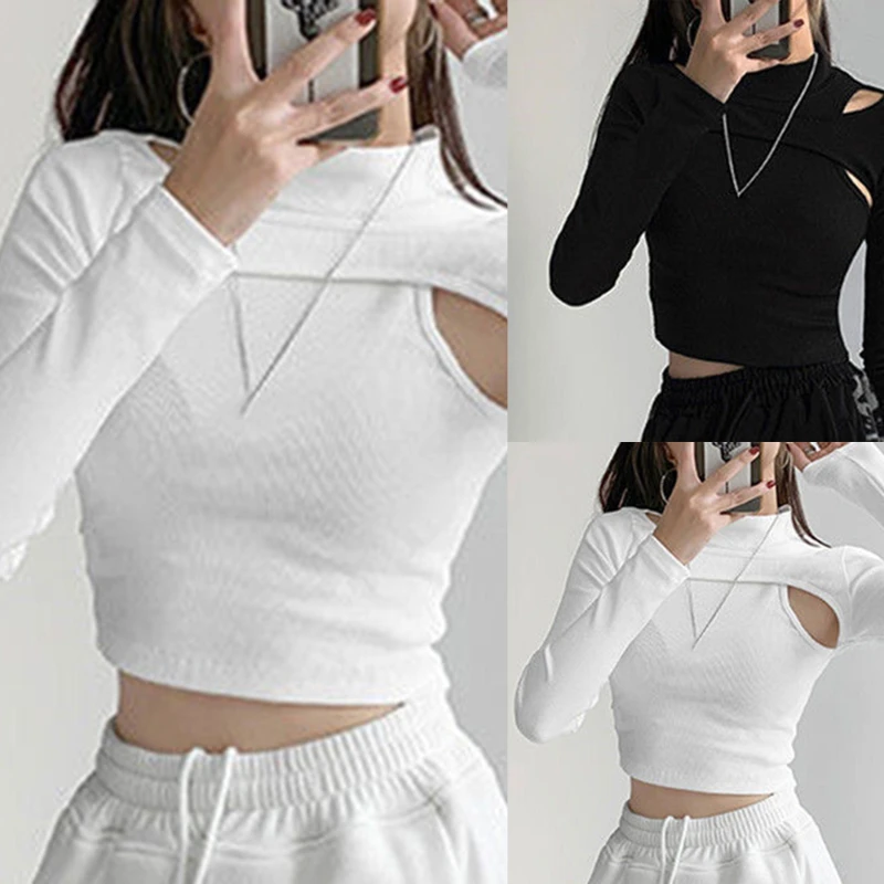 

Women Knitted Crop Tops Hollow Out Patchwork Turtleneck Skinny T-shirt Female Black White Long Sleeve Ladies Spring Autumn Tops
