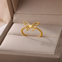 goth hollow butterfly twist rings for women stainless steel black gold color wedding ring aesthetic jewelry gift bague
