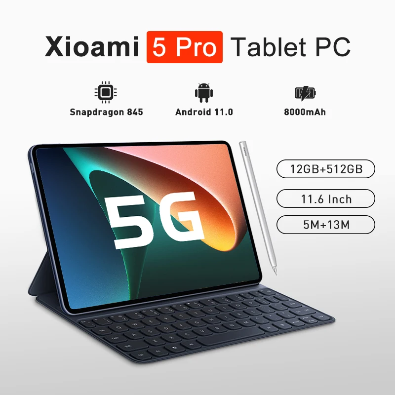 

2023 New Original Global Version Tablet Android 11.0 Snapdragon 845 Tabletas PC 5G Dual SIM Card Or Wifi HD 4K Mi Pad 5 Pro Tab