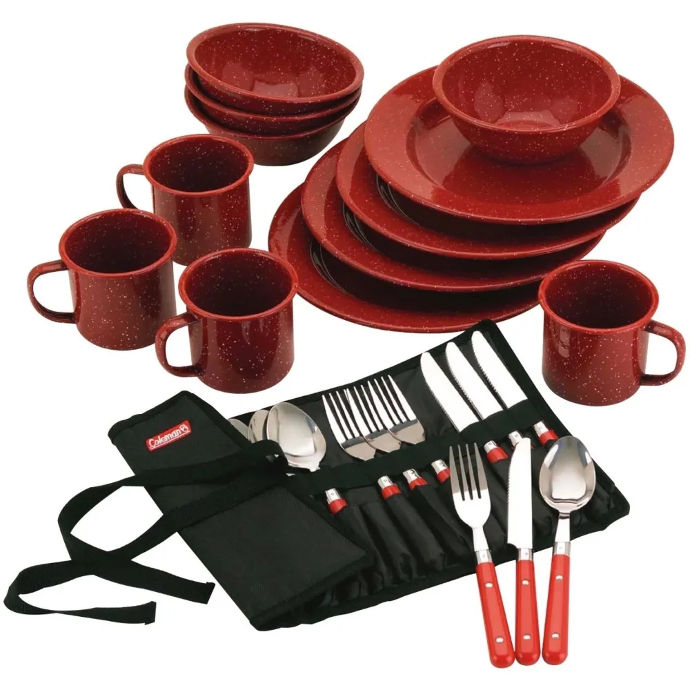 

24-Piece Enamel Dinnerware Set, Red camping equipment camping cookware