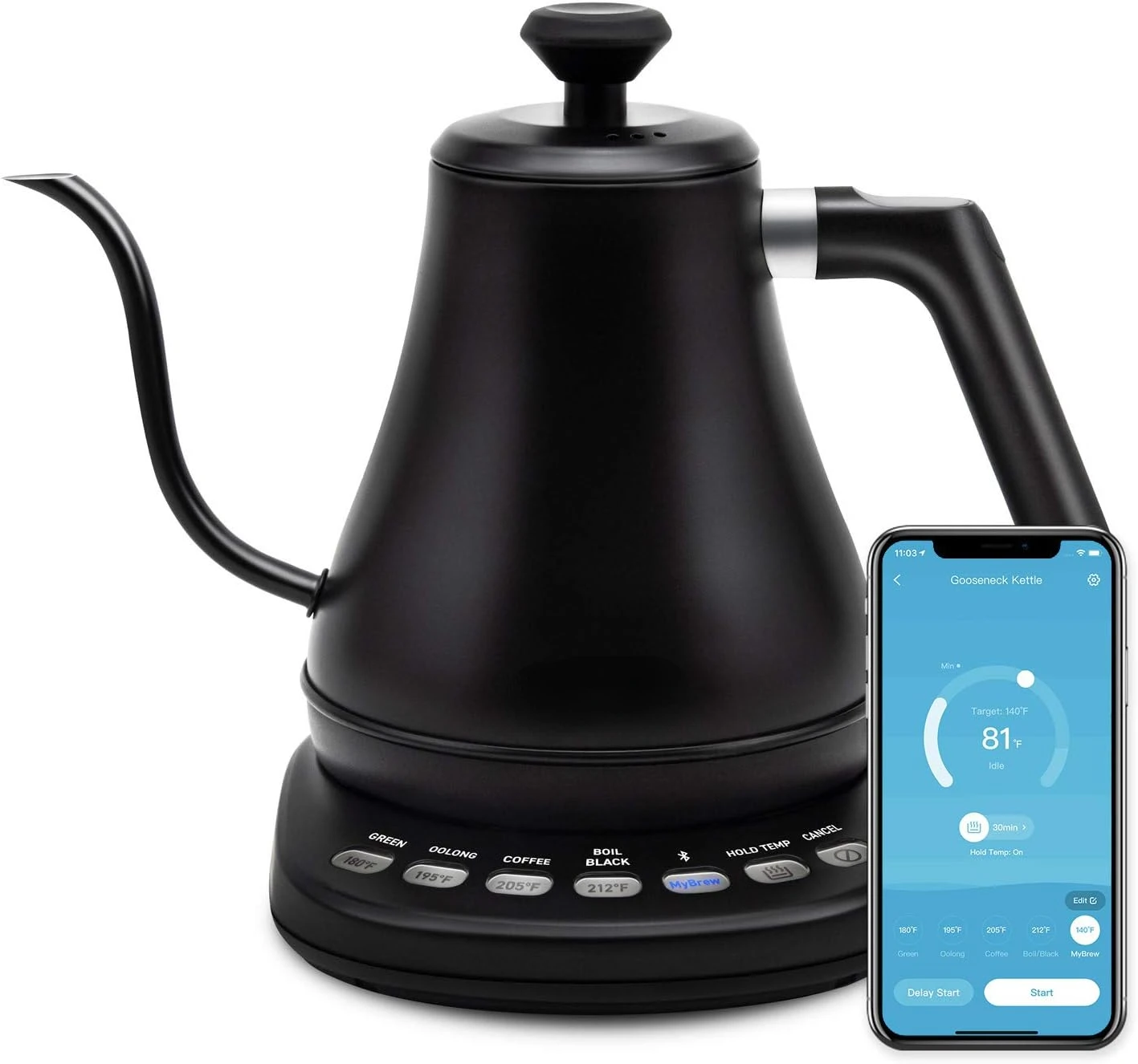 

Умный чайник Gooseneck с Bluetooth и регулируемым контролем температуры, чайник для разлива кофе и чайный чайник, нержавеющая сталь 100% Ват